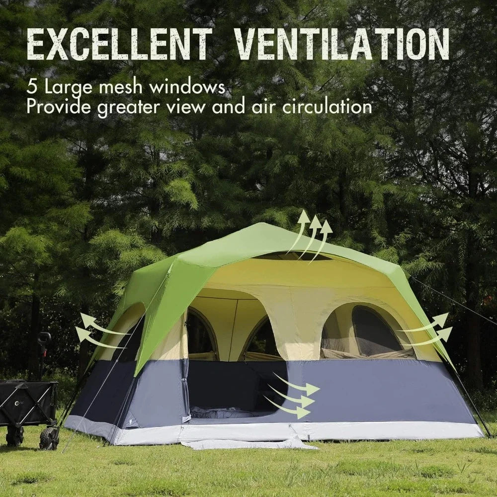 8 person instant tent camping, large waterproof family tent easy to set up, with 5 large mesh windows, rain flies, and handbag