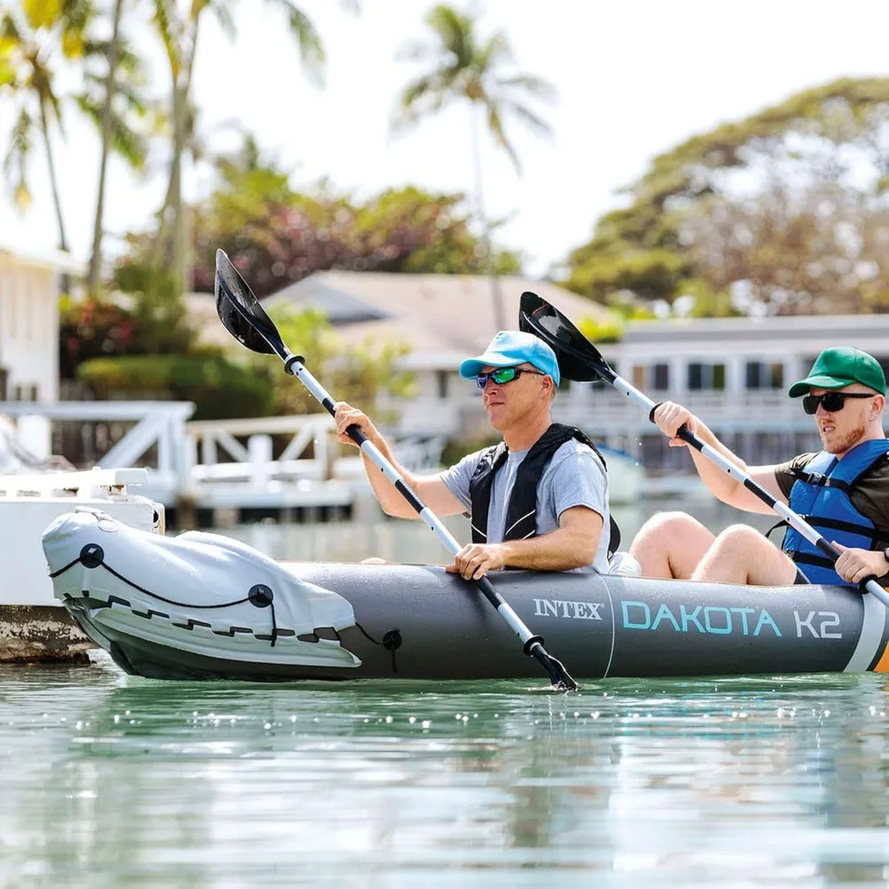 2 Person Inflatable Vinyl Kayak and Accessory Kit with 86 Inch Oars, Air Pump, and Carry Bag for Lakes and Rivers