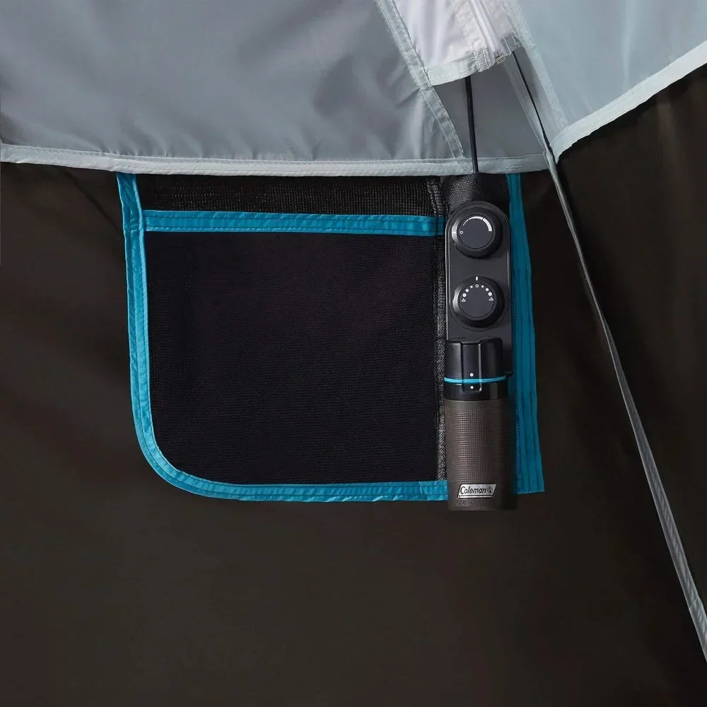 Rechargeable  camping tent with LED lighting, including tent fans, lights, and interchangeable battery pack