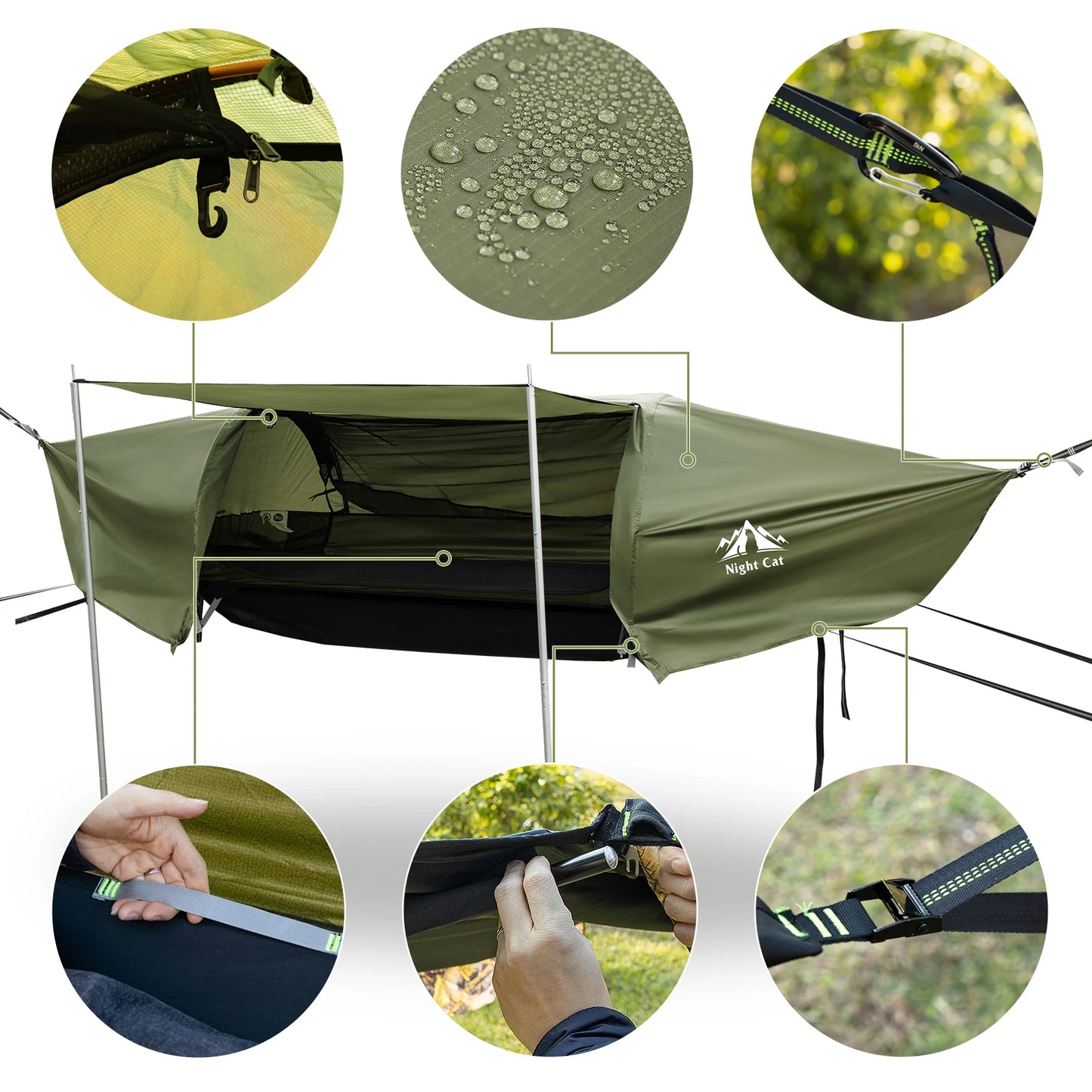 Night Cat Flat Lay Hammock Tent with Mosquito Net Waterproof Rainfly Storage Room for 1 Person Backpacking Hiking, Camping