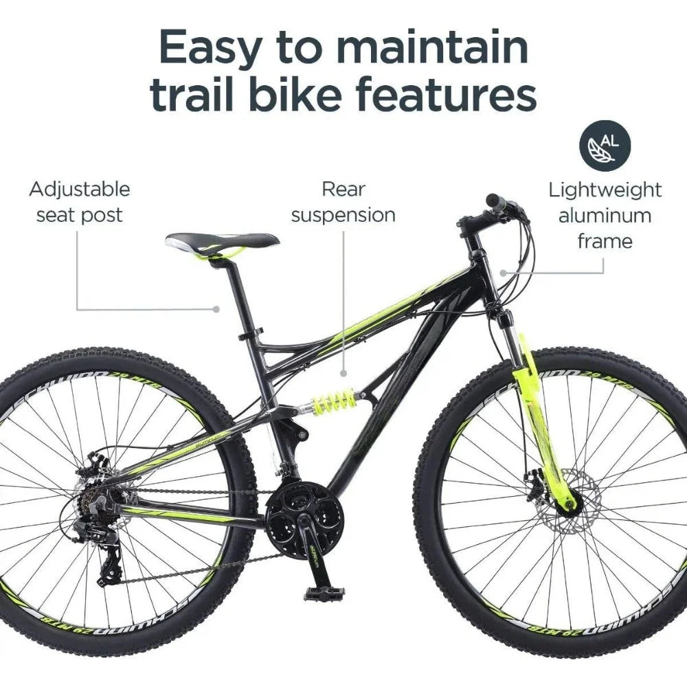 Mens and Womens Mountain Bike, 29-Inch Wheels, 24-Speed Shifters, Full Suspension, Mechanical Disc Brakes