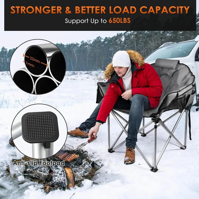 Heated Camping Chair, W/3 Heat Levels for Back & Seat, Portable Folding Heated Lawn Chairs for Patio (Battery NOT Included)