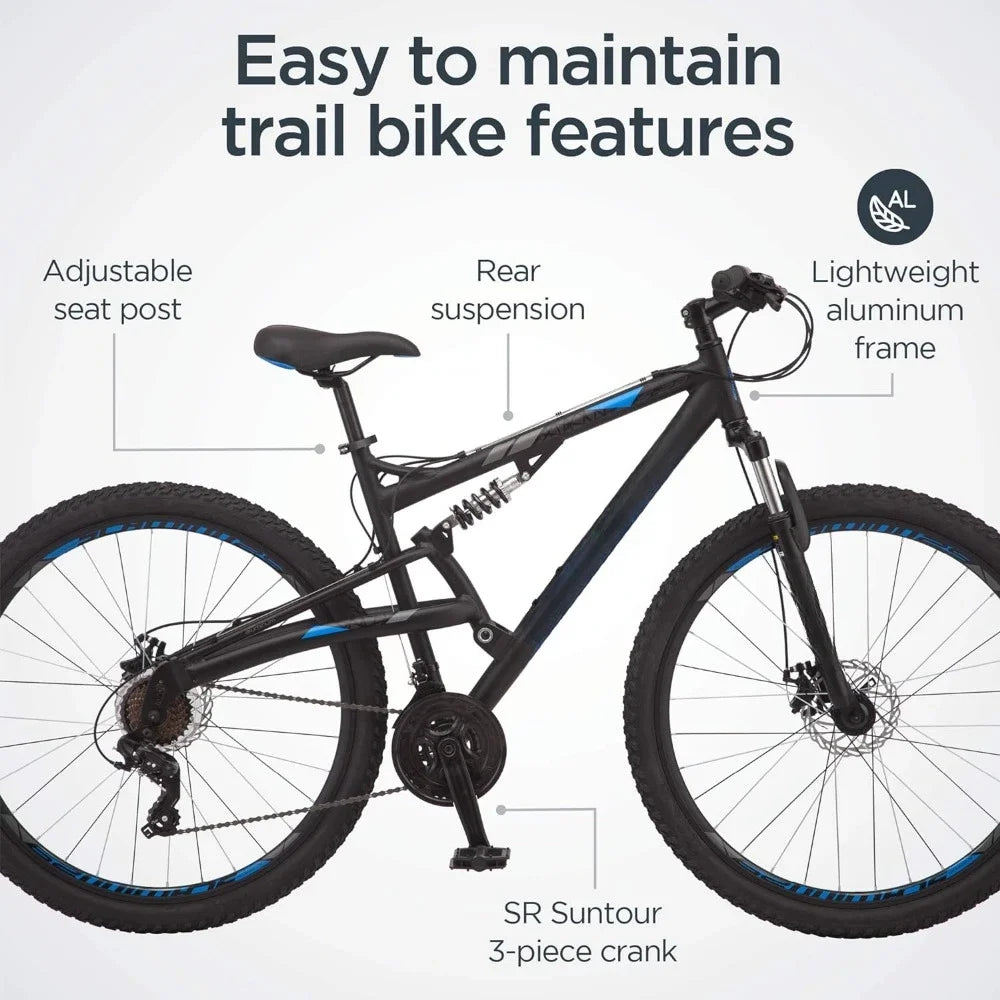 Mens and Womens Mountain Bike, 29-Inch Wheels, Dual-Suspension, Mechanical Disc Brakes