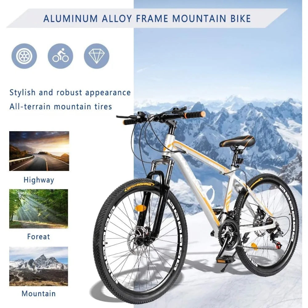 26 Inch Mountain Bike, Aluminum Frame, 21-Speed Dual Disc Brake Bicycle with Lock-Out Suspension Fork - Get Outdoors Now