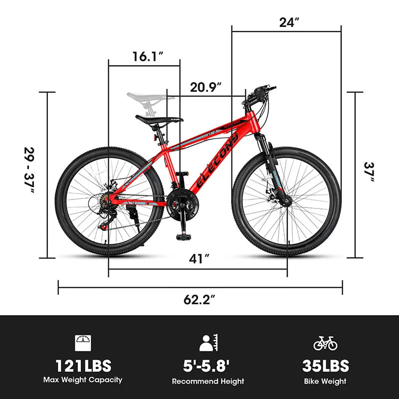 24 inch Mountain Bike Bicycle for Adults Aluminium Frame Bike 21-Speed with Disc Brake