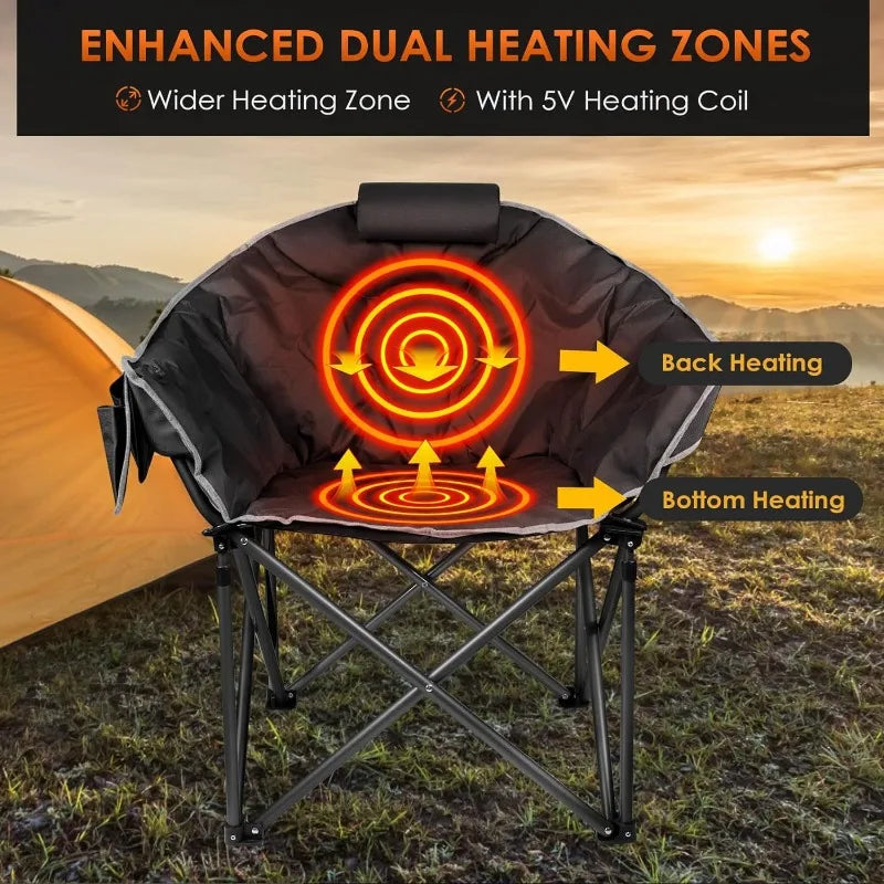 Heated Camping Chair, W/3 Heat Levels for Back & Seat, Portable Folding Heated Lawn Chairs for Patio (Battery NOT Included)