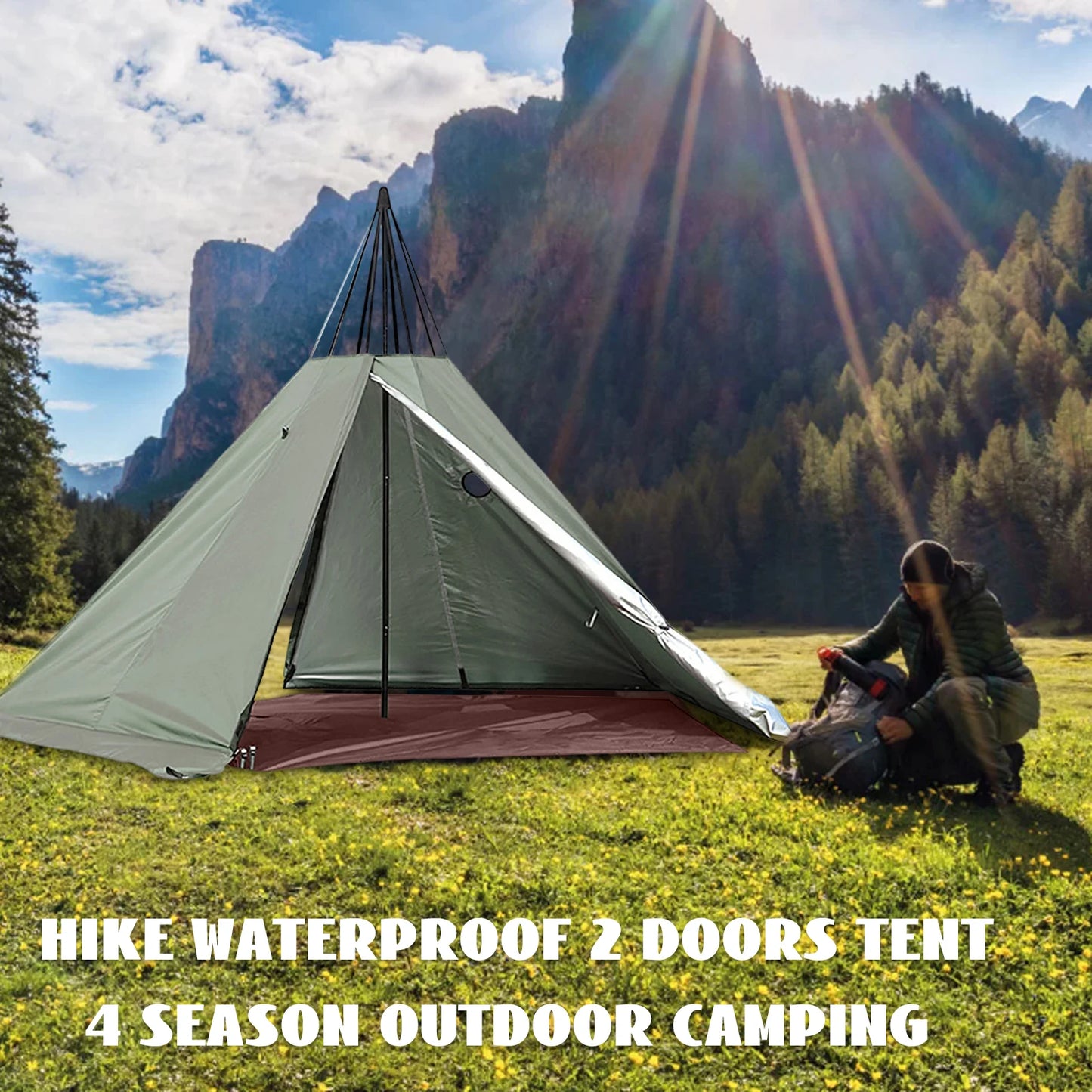 Camping Tent 4 Season 2 Doors Hike Waterproof Fabric  for Hiking, Camping Suit for 2 People