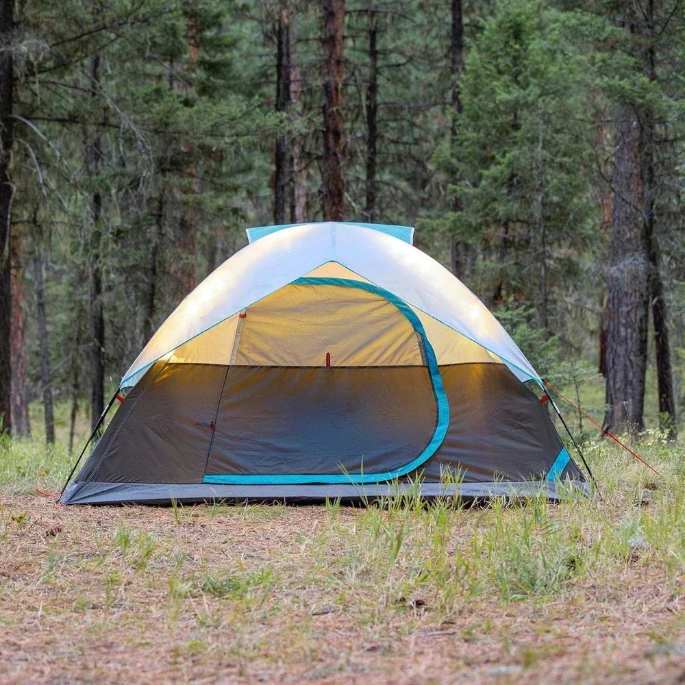 Rechargeable  camping tent with LED lighting, including tent fans, lights, and interchangeable battery pack