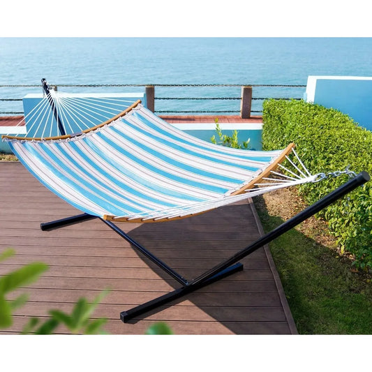 Hammock and Stand, Quick Dry Fabric Hammock, 2 Person Use 450 lbs Capacity, Outdoor Backyard Use - Get Outdoors Now