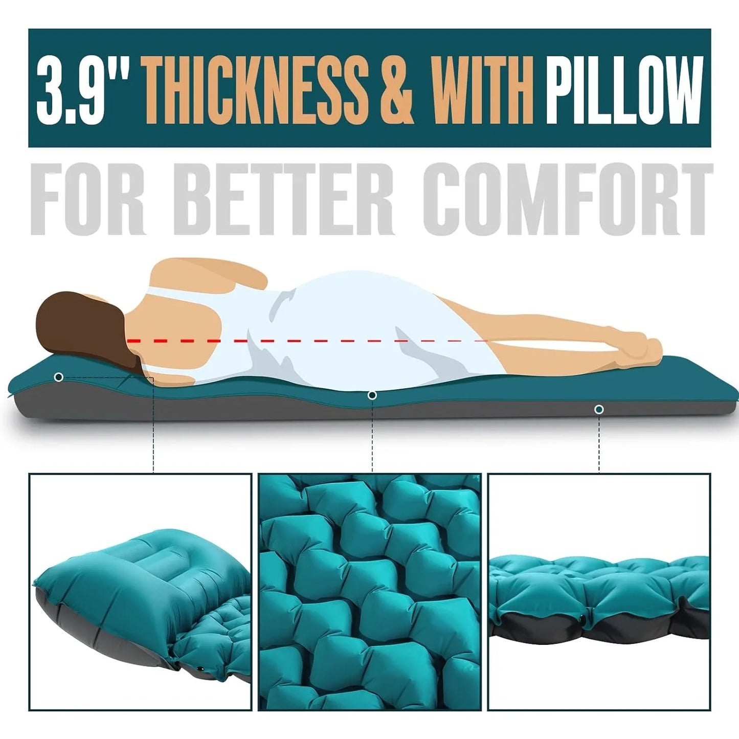 Camping Sleeping Pad with Pillow Extra Thick 3.9 inch Ultralight Self Inflating Air Mat Compact  Sleep Mattress