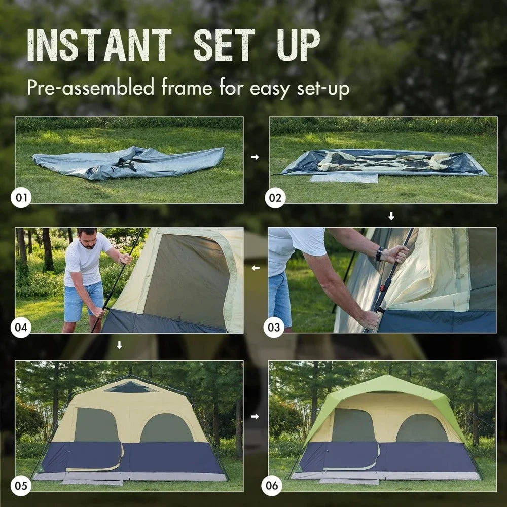 8 person instant tent camping, large waterproof family tent easy to set up, with 5 large mesh windows, rain flies, and handbag