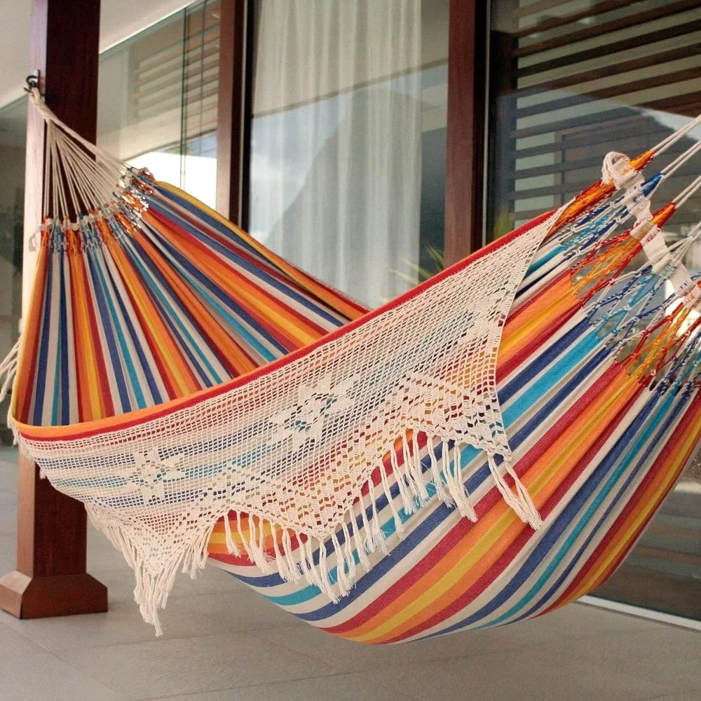 Multi-Color Striped Cotton 2 Person Hand Woven Hammock With Crochet Fringe Camping Festive Brazil' (Double) Freight Free Outdoor