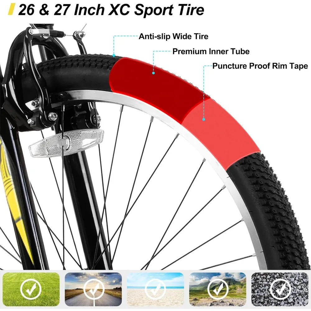 27.5 Inch Mountain Bike, Mens Womens MTB with 21 Speeds, High-Tensile Steel Frame, V Brake, Bicycle - Get Outdoors Now