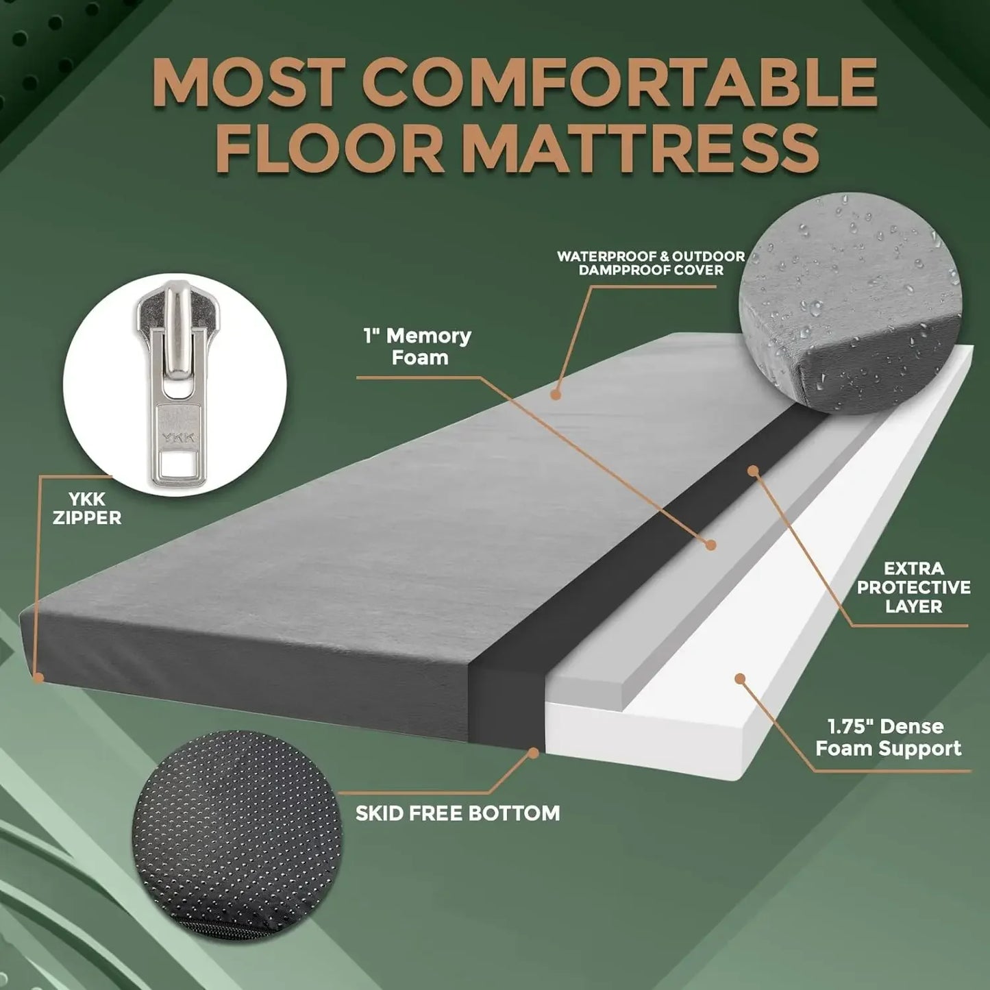 Furniture supplies CertiPUR-US Memory Foam Camping Mattress Pad | Portable Roll Up Sleep Mat for Floor, Tent, Car | Single, Twin,