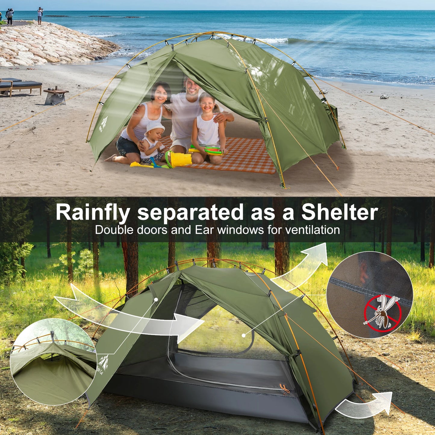 Backpacking Tent 2 Persons Camping with Separated Rainfly Aluminium Pole Double Layers Waterproof