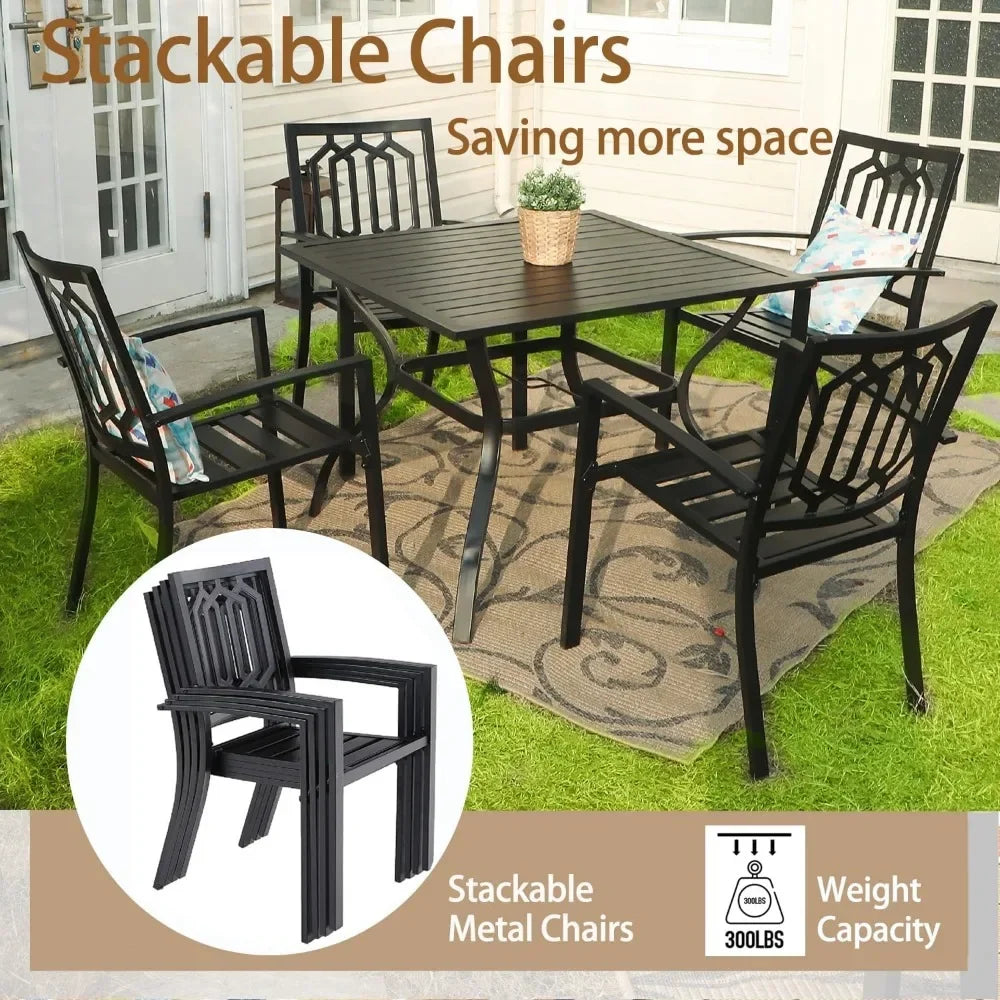 Camping Equipment 7 Piece Outdoor Dining Table Sets 6 Stackable Metal Chairs and 1 Large Rectangle Table Black Steel Slat Frame