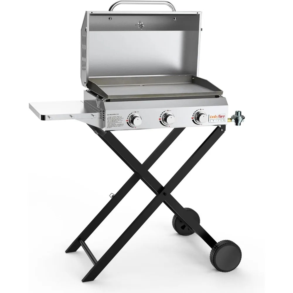 BBQ Gas Griddle 3-Burner With Cart & Side Table Gas Stove for Trips Outdoor Camping Cooking Set Tent Folding Fire Pit