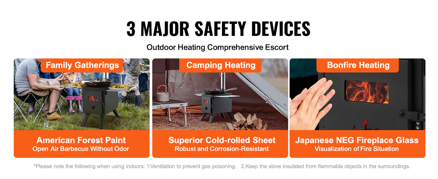 Wood Stove 86in Alloy Steel Camping Tent Stove Portable Wood Burning Stove with Chimney Pipes & Gloves 1400in³Firebox